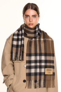 A male model wearing a beige cashmere scarf outdoors.