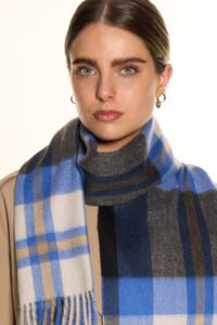 A navy and grey checked cashmere scarf in a beautifully designed gift box.