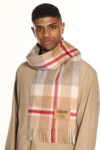 Model styling a pure cashmere scarf with an elegant evening outfit