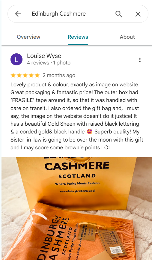 A prospective buyer weighing Edinburgh Cashmere's packaging reviews